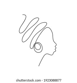 Abstract African woman face in profile with big earrings, Continuous one line drawing, female illustration single line, Afro girl minimalist design contemporary art