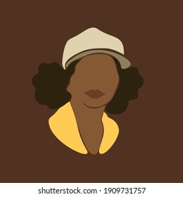 Abstract african woman portrait in cap, Afro black skin girl with curly hair. Vector illustration contemporary art.