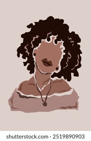 Abstract African woman portrait in minimalist style.Black women canvas print.Female wall art poster.Afro model girl.Beauty lady.Elegant ethnic sketch template.Puff curly hair.American Melanin Queen.