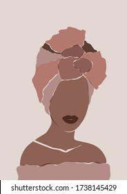 Abstract African woman portrait in minimalistic style. Black women print. Elegant ethnic sketch template.