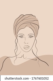 Abstract African woman portrait in minimalistic line style. Black women print. Female wall art poster. Boho model girl of turban head wrap. Tribal beauty lady art. Elegant ethnic sketch template.