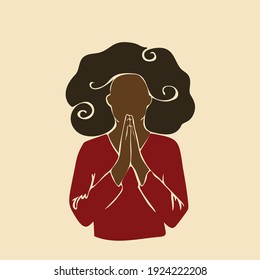 Abstract african woman praying with hands folded in worship. Afro black skin girl curly hair. Vector illustration silhouette drawing without face