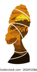 Abstract African woman silhouette with sunset and elephant in flat style