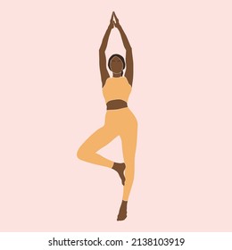 Abstract african young girl practicing yoga in pastel colors. Woman practicing balance asanas. Contemporary art. Weight Loss. Health lifestyle. Calmness and relax. Hand drawn flat vector illustration