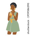 Abstract african-american female in green dress holding juice in hands.  Flat vector illustration of a young woman in boho colors. Paper cut style design for social media, web banner, or poster. 