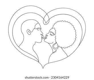 Abstract Afro couple in a modern abstract minimalist one line style. Continuous black line African American faces simple drawing. Isolated on white. Vector fashion illustration.