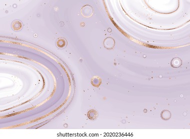 Abstract agate slice background design with gold mineral texture and splatter.