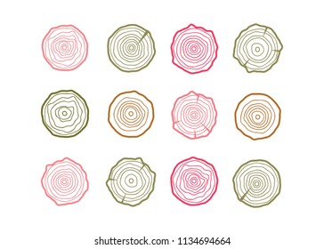 Abstract age annual circle tree background. Tree rings vector set