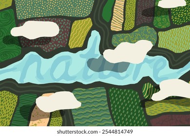 Abstractas ilustración agraria moderna de campos sembrados con diferentes patrones, inscripción de la naturaleza en forma de un lago en el centro, con nubes sobre ellos. Concepto de restauración de Naturaleza