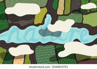 Abstract agrarian modern illustration of sown fields with different patterns, inscription nature in the form of a lake in the center, with clouds above them. Nature restoration concept