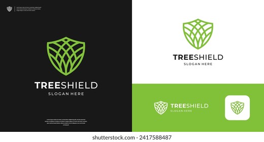 Abstract agricultural logo design template. Shield logo and plant with line art style.