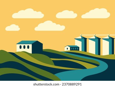 Abstract agricultural rural landscape with farm houses and silo towers for grains or oils