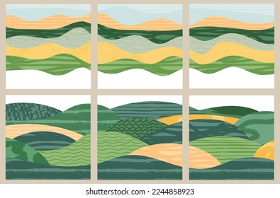 Abstract agriculture field or farm card background template. Vineyard valley pattern, spring countryside landscape, ecology poster layout. Summer nature backdrop, design set, eco green square post