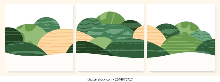 Resumen de la plantilla de fondo del campo agrícola o de la tarjeta agrícola. Patrón de valle de viñedo, paisaje de primavera, diseño de afiches ecológicos. Fondo natural de verano, conjunto de diseño, puesto de plaza verde ecológica