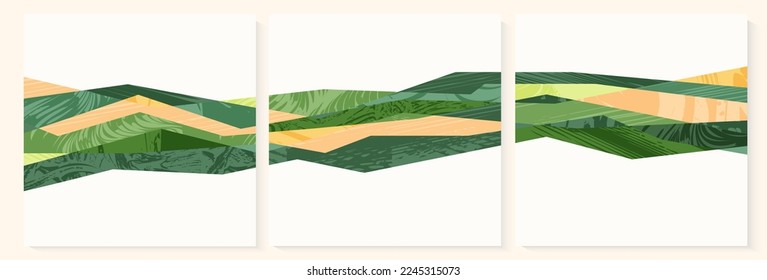 Abstract agriculture field or farm card background template. Vineyard valley pattern, spring countryside landscape, ecology poster layout. Summer nature backdrop, design set, eco green square post