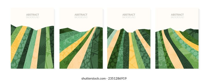 Abstract agriculture field or farm card background. Vineyard valley collage pattern, spring countryside landscape, ecology poster template. Summer backdrop, organic design, eco green flyer layout