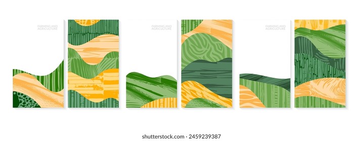 Campo de agricultura Abstractas o fondo de tarjeta de la granja. Patrón de valle de viñedo, paisaje de campo de primavera, Plantilla de póster de ecología. Fondo de la naturaleza del verano, conjunto de diseño orgánico, diseño de volante verde ecológico