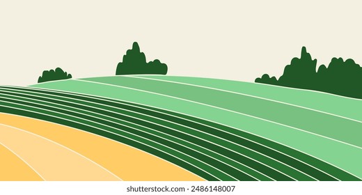 Abstract agriculture field or farm card banner. Vineyard valley pattern, countryside landscape, eco horizontal panorama template. Green nature organic background