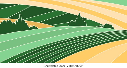 Abstract agriculture field or farm card banner. Vineyard valley pattern, countryside landscape, eco horizontal panorama template. Green nature organic background