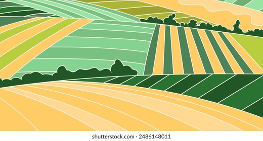 Abstract agriculture field or farm card banner. Vineyard valley pattern, countryside landscape, eco horizontal panorama template. Green nature organic background