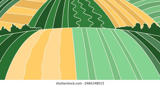 Abstract agriculture field or farm card banner. Vineyard valley pattern, countryside landscape, eco horizontal panorama template. Green nature organic background