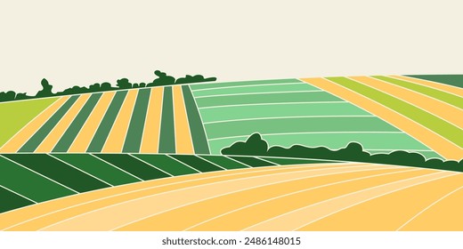 Abstract agriculture field or farm card banner. Vineyard valley pattern, countryside landscape, eco horizontal panorama template. Green nature organic background