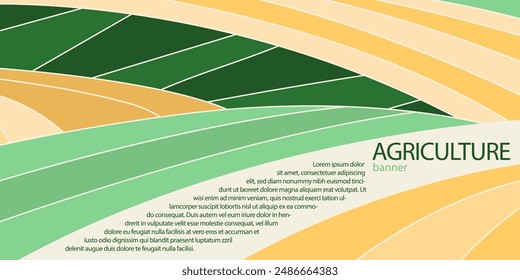 Abstract agriculture field or farm card banner with copy space. Countryside landscape, eco horizontal panorama template. Green nature organic background