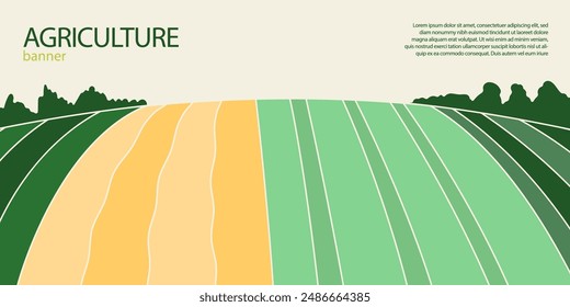 Abstract agriculture field or farm card banner with copy space. Countryside landscape, eco horizontal panorama template. Green nature organic background
