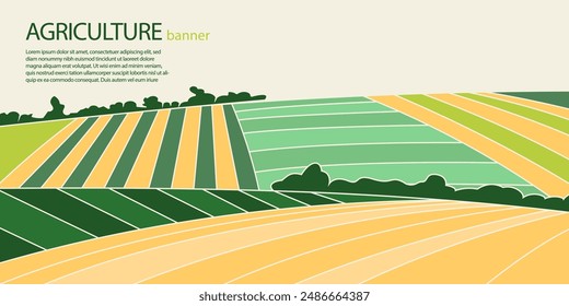 Abstract agriculture field or farm card banner with copy space. Countryside landscape, eco horizontal panorama template. Green nature organic background