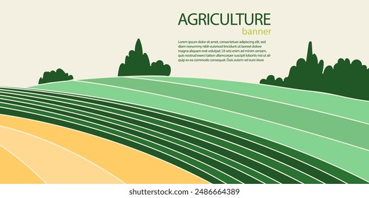 Abstract agriculture field or farm card banner with copy space. Countryside landscape, eco horizontal panorama template. Green nature organic background