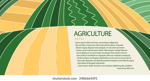 Abstract agriculture field or farm card banner with copy space. Countryside landscape, eco horizontal panorama template. Green nature organic background