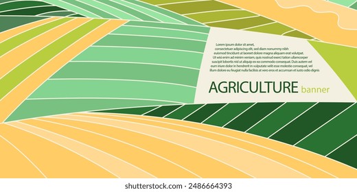 Abstract agriculture field or farm card banner with copy space. Countryside landscape, eco horizontal panorama template. Green nature organic background