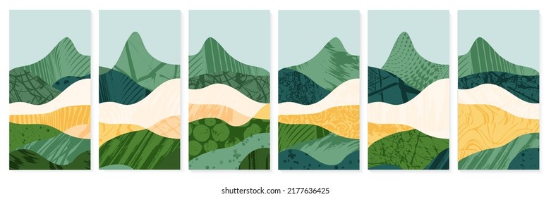 Abstract agriculture field landscape vector illustration. Agro farm valley background. Green ecology pattern with texture. Set of eco card, poster, brochure or flyer. Simple rural countryside view