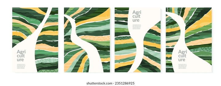 Abstract agriculture field landscape vector illustration. Agro farm valley background. Green ecology pattern with texture. Set of eco card, poster, brochure or flyer. Simple rural countryside view