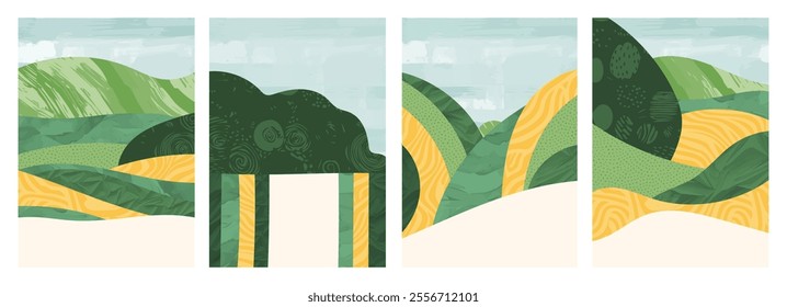 Abstract agriculture field with rice, wheat, corn, tea crop. Green landscape illustration, vineyard, paddy, organic plant. Eco-friendly design with texture and pattern, banner, brochure, template