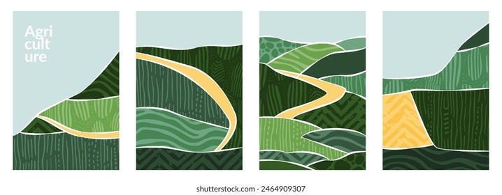 Abstract agriculture field vector collage illustration. Modern aesthetic pattern patchwork design. Aerial vineyard background, rice farm, green paper sustainable art poster. Tea wine hill top view