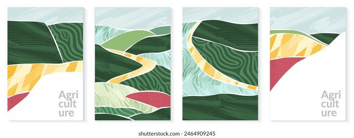 Abstract agriculture wheat field vector collage illustration. Vineyard background, rice farm pattern, green paper sustainable poster. Tea or wine hill aerial view. Modern aesthetic patchwork design