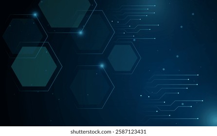 An Abstract AI blue light lines on dark background with lighting effect, and the Technology connected blue lines with electronics elements with polygons shapes