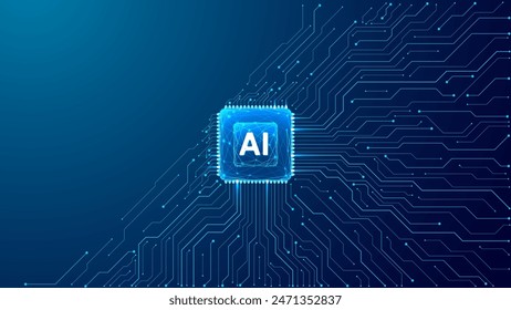 Abstract AI chip with circuit elements on dark blue technology bg. Polygonal circuit board and light blue microchip. AI electronics element on tech bg with place for text. Digital vector illustration