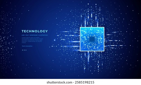 Abstract AI chip on electronics technology background. Quantum semiconductor with light glowing blue pixels as data flow. Microchip or processor on circuit board. Tech bg. Digital vector illustration.