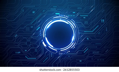Abstract AI circle neon portal on circuit board tech background. A light blue glowing round frame on technology bg. Artificial Intelligence chip or processor. Digital vector illustration.