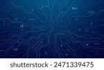 Abstract AI circuit board background. Technology connected blue lines with electronics elements on tech bg. Computer motherboard with a chip, processor, and semiconductor. Digital vector illustration