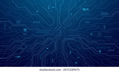 Abstract AI circuit board background. Technology connected blue lines with electronics elements on tech bg. Computer motherboard with a chip, processor, and semiconductor. Digital vector illustration