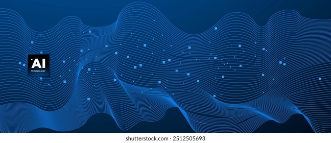 Fundo abstrato da placa de circuito AI. Tecnologia conectou linhas azuis com elementos eletrônicos na tecnologia. Placa-mãe com chip, processador e semicondutor. Ilustração de vetor digital