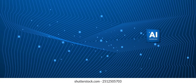 Fundo abstrato da placa de circuito AI. Tecnologia conectou linhas azuis com elementos eletrônicos na tecnologia. Placa-mãe com chip, processador e semicondutor. Ilustração de vetor digital