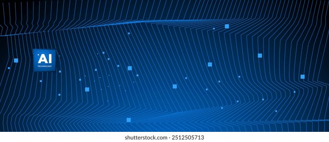 Abstract AI circuit board background. Technology connected blue lines with electronics elements on tech. Computer motherboard with a chip, processor, and semiconductor. Digital vector illustration