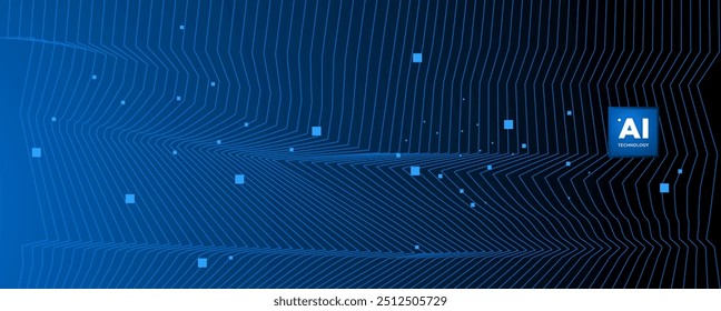 Abstract AI circuit board background. Technology connected blue lines with electronics elements on tech. Computer motherboard with a chip, processor, and semiconductor. Digital vector illustration