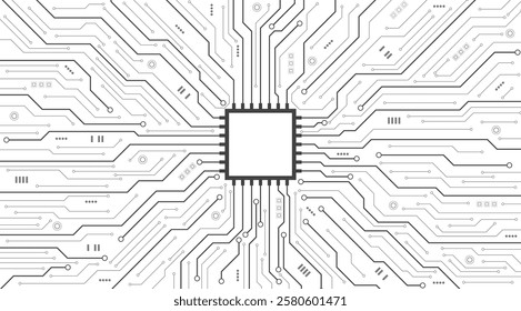 Abstract AI circuit board background in black and white tone. Top view electronic motherboard background. High-tech circuit board connection system. Vector illustration.