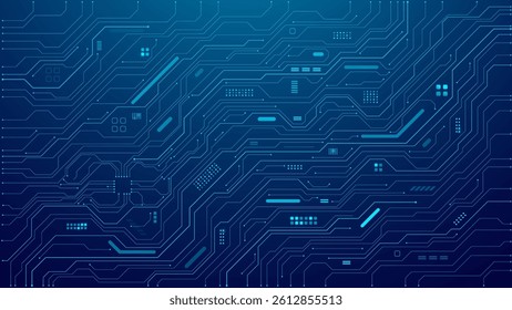 Abstract AI circuit board background. Tech connected blue lines with electronics elements. Blue technology backdrop. Computer motherboard with a chip, processor, and semiconductor. Vector illustration