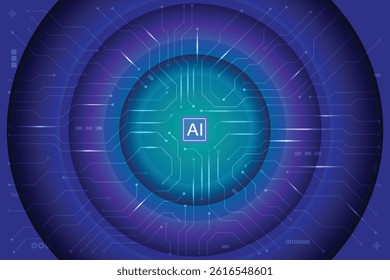 Abstract AI circuit board background. Technology connects blue lines with electronic elements on technology background. Digital vector.